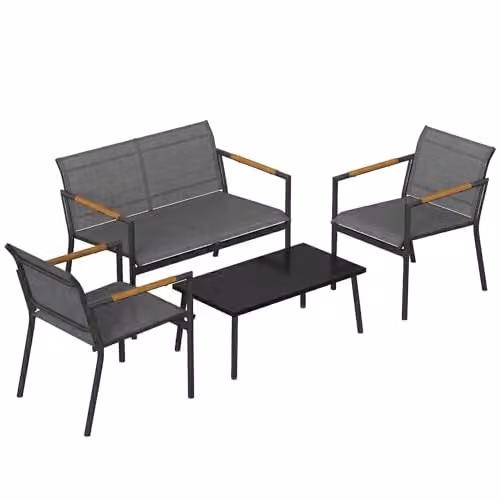 Outsunny 4 Seater Grey Polyrattan Garden Furniture Set with Outdoor 2 Seater Sofa, Lounge Armchairs and Coffee Table – 1