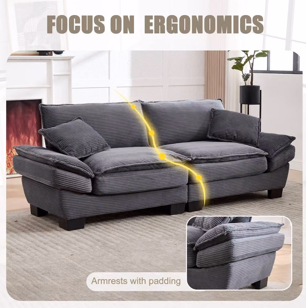 STILVORA 2 Seater Grey Corduroy Upholstered Sofa with Scatter Cushions – 4