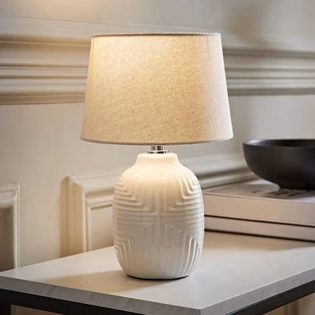 Harrison Small Geo Ribbed Gloss Ceramic Table Lamp with Tapered Shade and LED Bulb in White