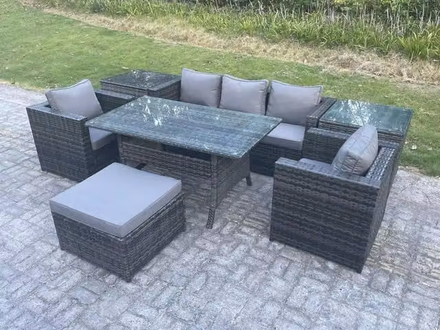 Fimous 6 Seater Rattan Garden Furniture Set in Dark Grey with Dining Table, Sofa, Chairs, Side Tables and Stool