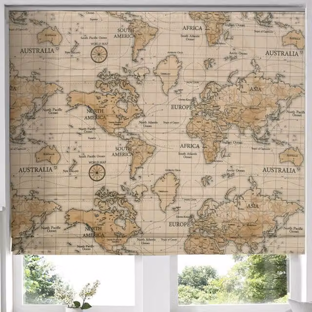 Terrys Maps Made to Measure Blackout Roman Blind in Beige and Gold Graphic Design