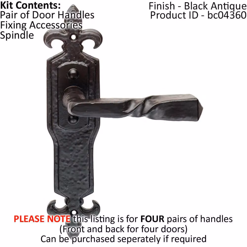 Loops 4 Pairs Forged Twisted Ornate Lever on Latch Backplate, Black Antique, 226 x 50 mm – 2