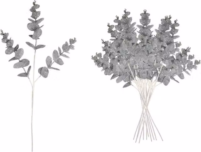 Shatchi Silver Glitter Artificial Eucalyptus Christmas Tree Picks, 6 Pack, Height: 55 cm