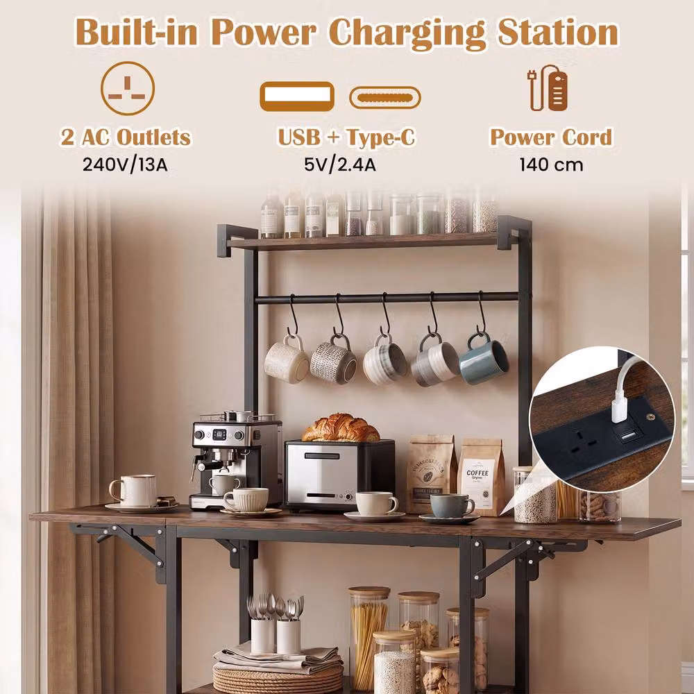 Costway Bakers Rack Microwave Stand with Drop Leaf and Rattan Details in Brown – 5