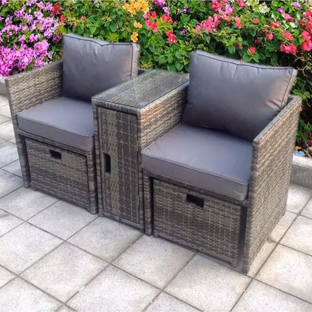 UK Leisure World Madrid Rattan Set with 2 Grey Chairs and Glass Table