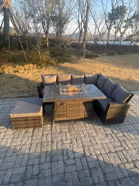 Fimous 7 Seater Rattan Garden Furniture Set with Gas Fire Pit Dining Table, Right Corner Sofa and Big Footstools in Dark Grey