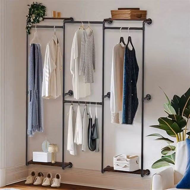 Kelvenix Retro Industrial L-Shape Corner Wall Clothes Rack in Matt Black Metal