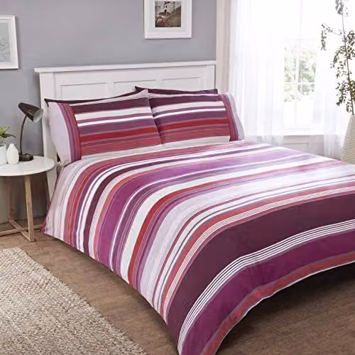 Rapport Home Stratford Stripe Purple Cotton Duvet Cover and Pillowcase Set, W/D/H: 200 x 200 cm – 1