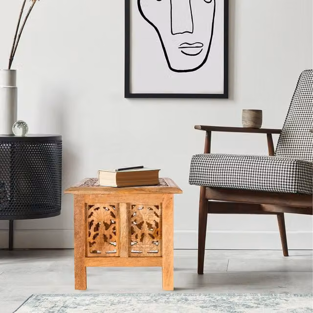Topfurnishing Square Carved Mango Wood Coffee Table and Bedside End Table in Antique Brown and Yellow, W/D/H: 38 x 38 x 38 cm