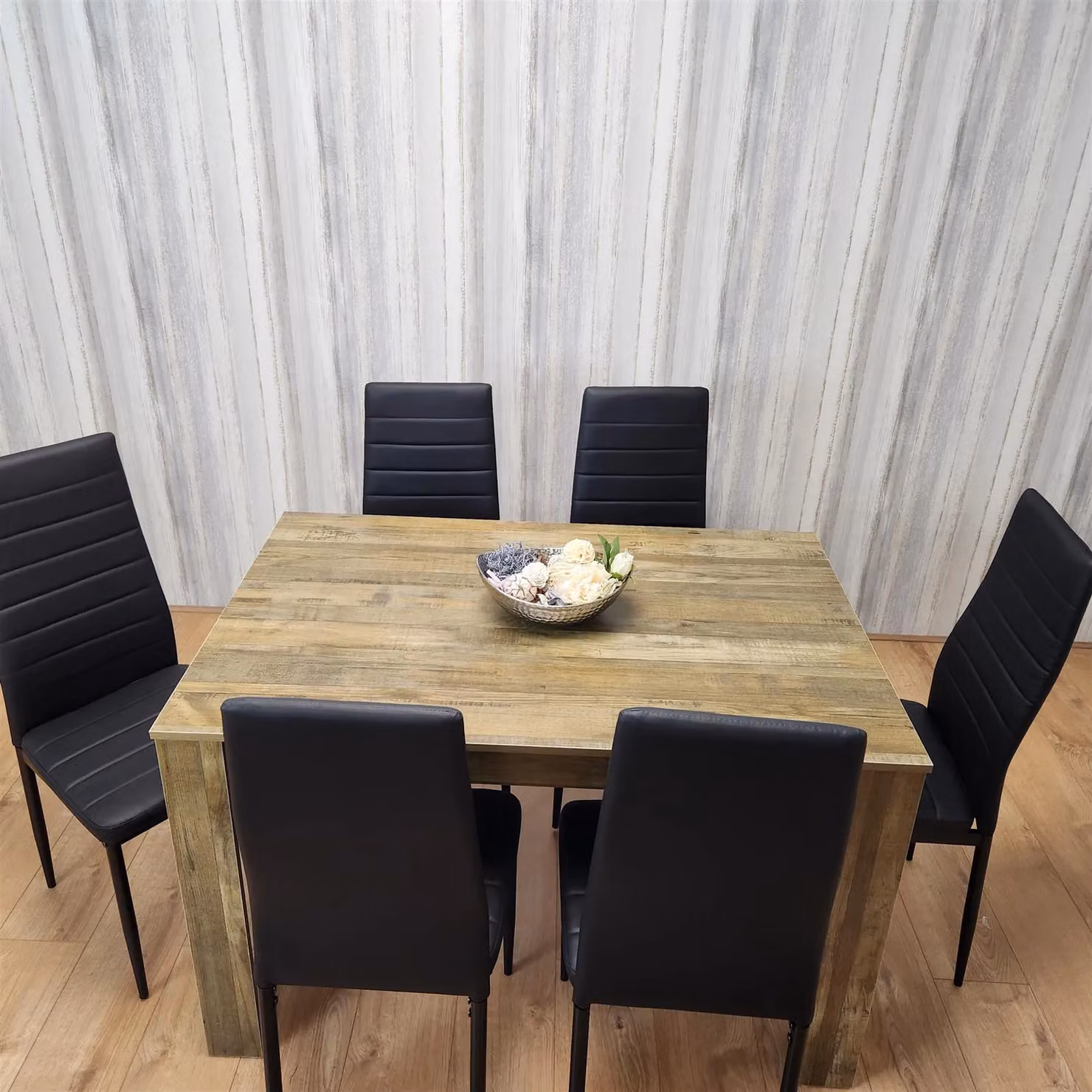 KOSY KOALA Rustic Dining Room Furniture Set with Rectangular Brown Table and 6 Black Faux Leather Chairs – 2