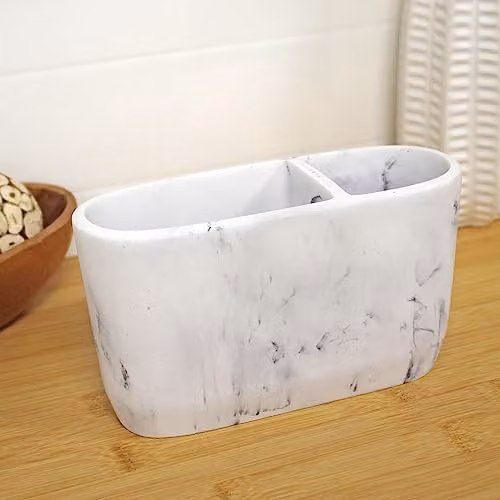Showerdrape Octavia White Marble Effect Resin Electric Toothbrush Holder and Tumbler Storage Set – 3