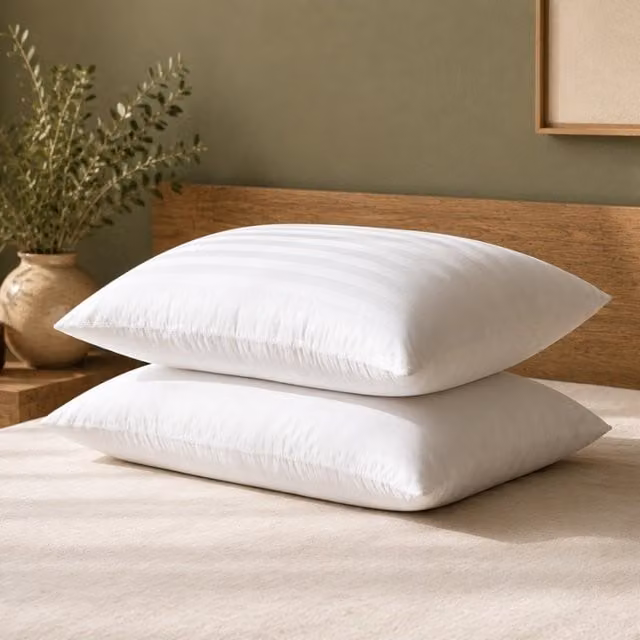 Opulent Home Pack of 2 White Striped Microfibre Pillows with Hollowfibre Filling, Medium Support for Back and Side Sleepers