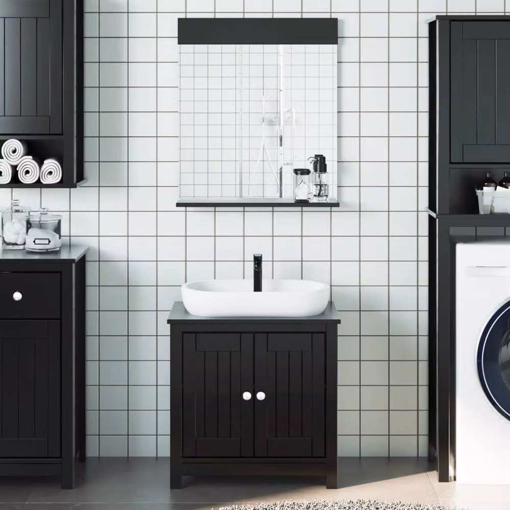 Berkfield Home BERG 2 Piece Black Solid Pine Bathroom Furniture Set with Vanity Unit and Mirror Cabinet – 2
