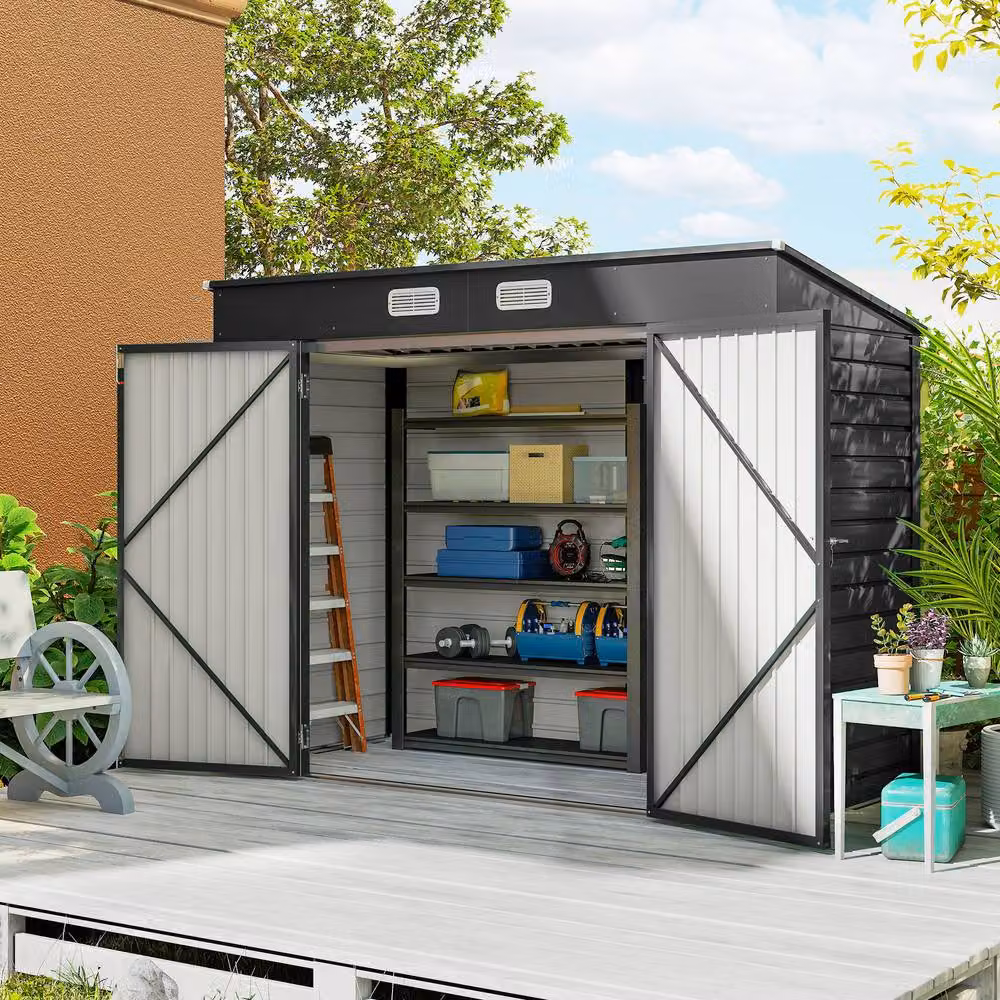 Rolipo Grey Galvanised Steel Pent Garden Shed with Lockable Double Doors, W: 112.776 cm, D: 237.7 cm, H: 215 cm – 3
