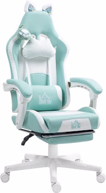 HOMCOM Cat Ear and Paw Reclining Gaming Office Chair with Footrest, Blue/White, W/D/H: 120 x 44 x 65 cm
