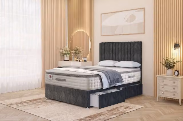 Somnior Eleanor Hybrid Divan Bed Set with 2 Drawers and Headboard, Charcoal Grey, W/D/H: 180 x 200 cm