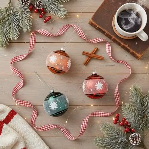 Shatchi 12-Piece Set of Red and Green Glass Christmas Baubles, 8 cm Round Hanging Ornaments – 7