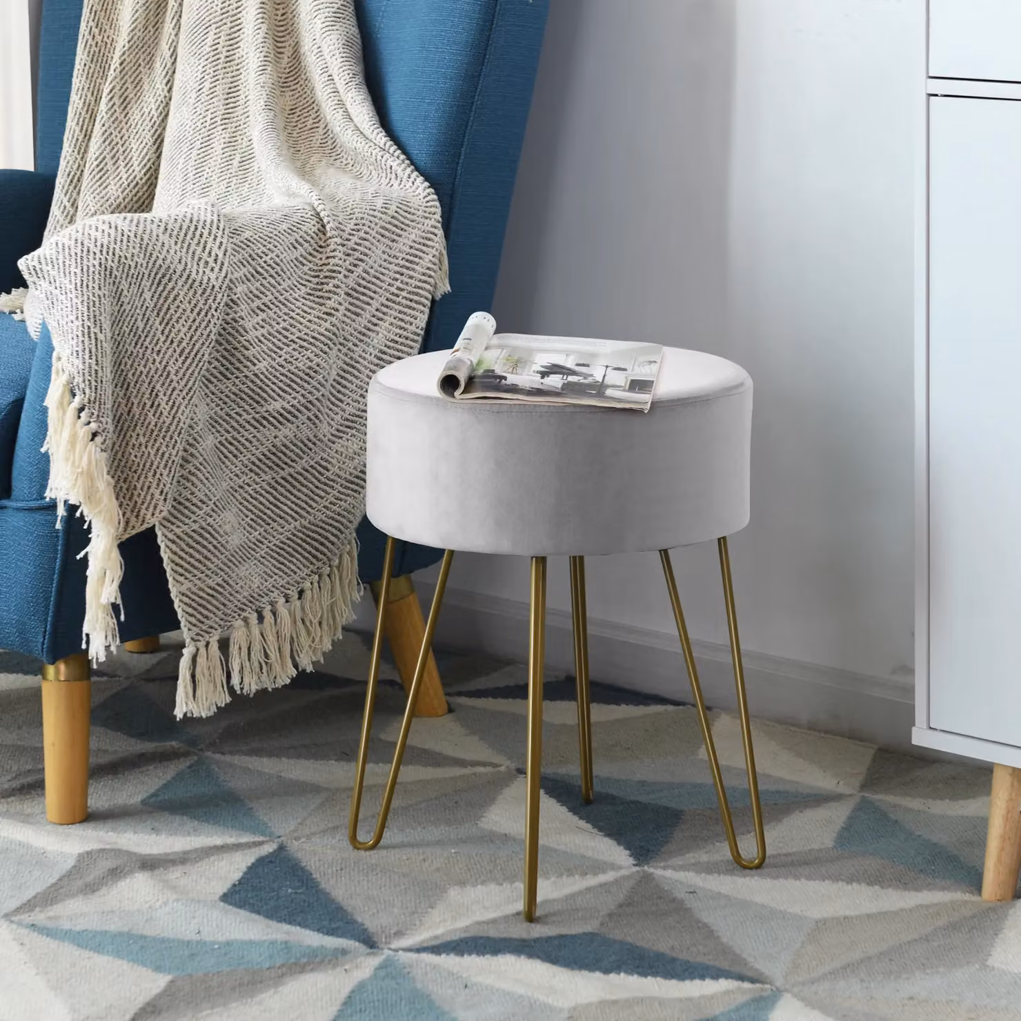 Costway Modern Round Velvet Footstool Ottoman in Grey – 2