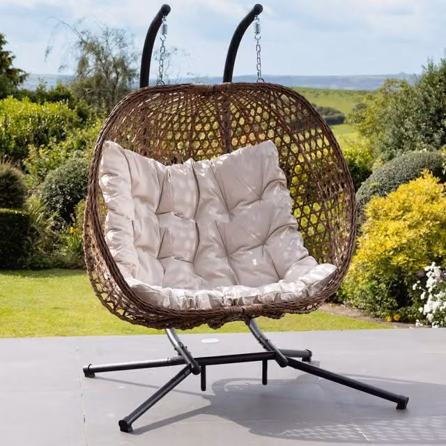 Artemis Home Beauchamp Swinging Double Garden Seat in Beige Polyrattan with Weatherproof Cushions – 1