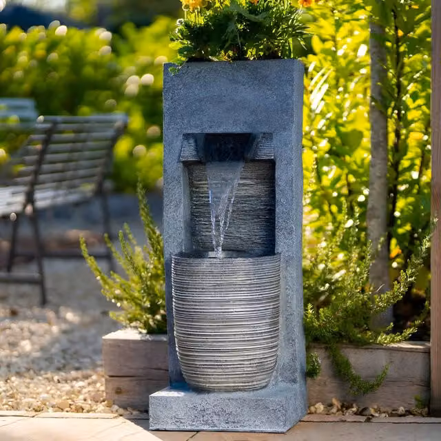 Primrose Grey Wall Mounted Stone Effect Bowl Planter and Cascade Water Feature with LEDs