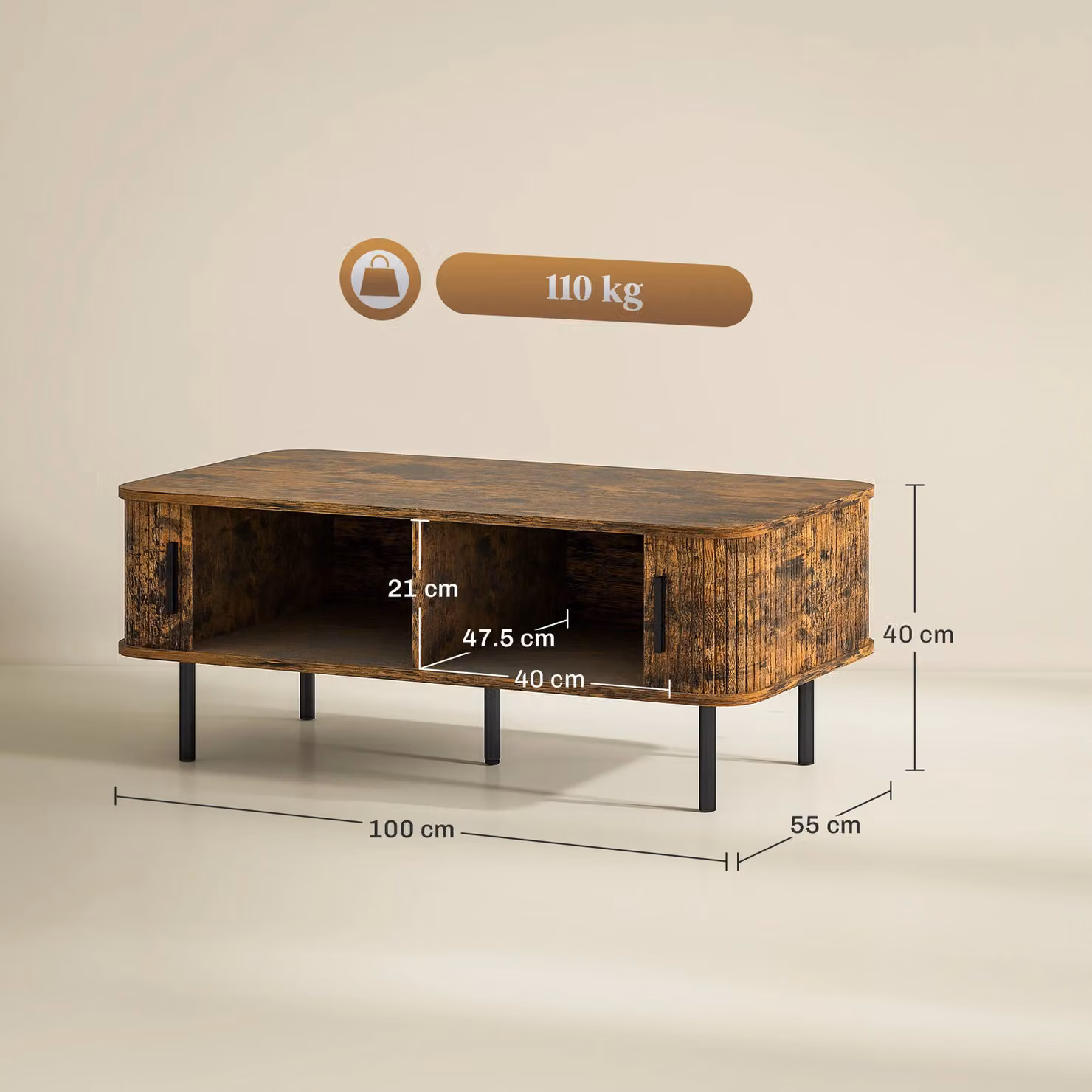 HOMCOM Mid-Century Rectangular Coffee Table with Storage and Sliding Doors in Brown – 3