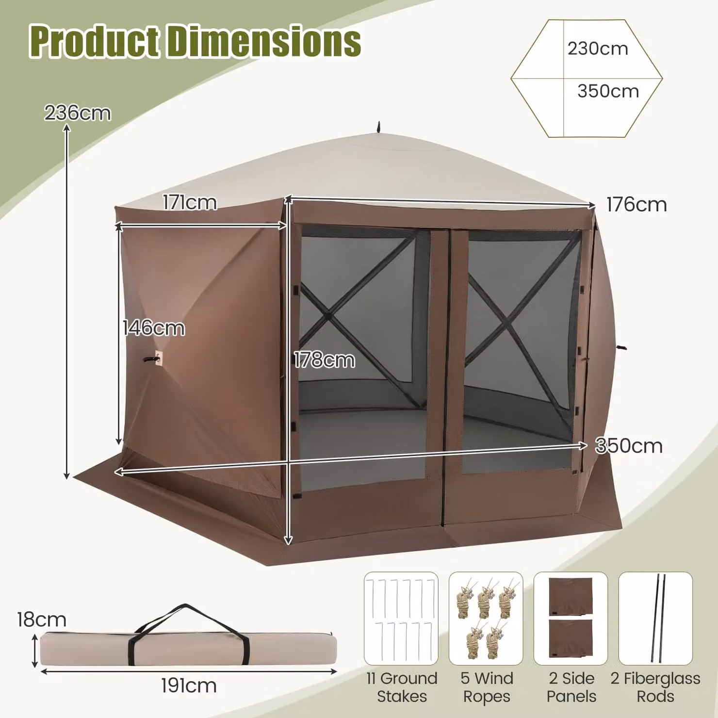 Costway Pop-up Gazebo Tent Outdoor Canopy Sun Shelter, Brown, W: 350 cm, D: 230 cm, H: 236 cm – 2