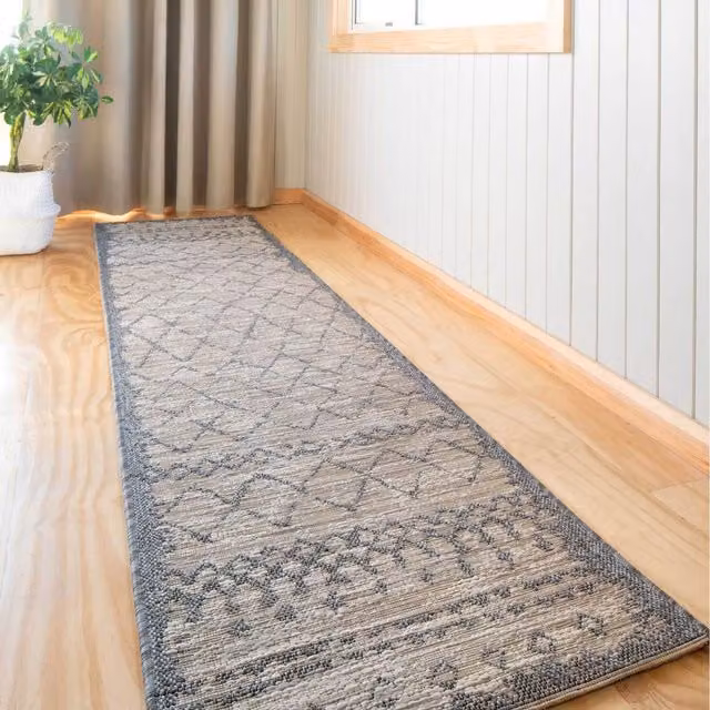 The Rug House Tribal Geometric Textured Flatweave Indoor Outdoor Weatherproof Rug, Beige and Grey Multicolour, W: 240 cm, D: 60 cm