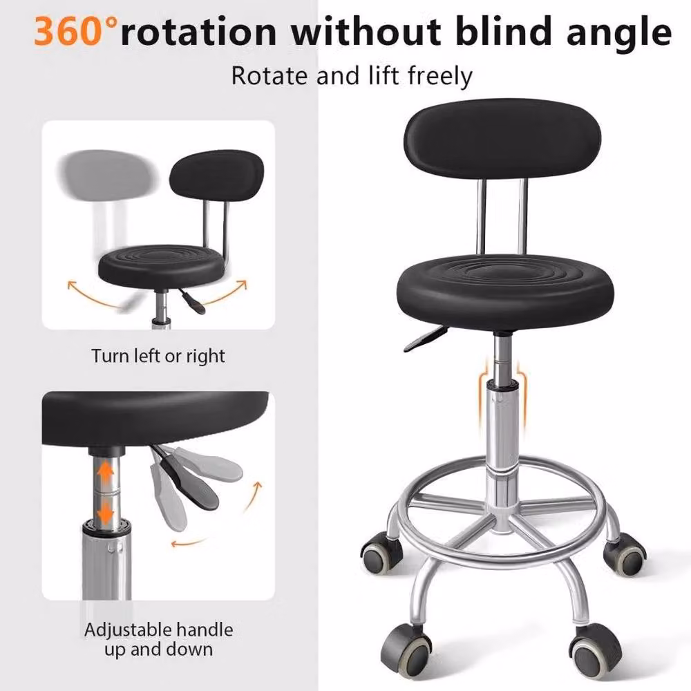 FLAVORA Black Adjustable Swivel Beauty Spa Salon Stool with Backrest and Castors – 3