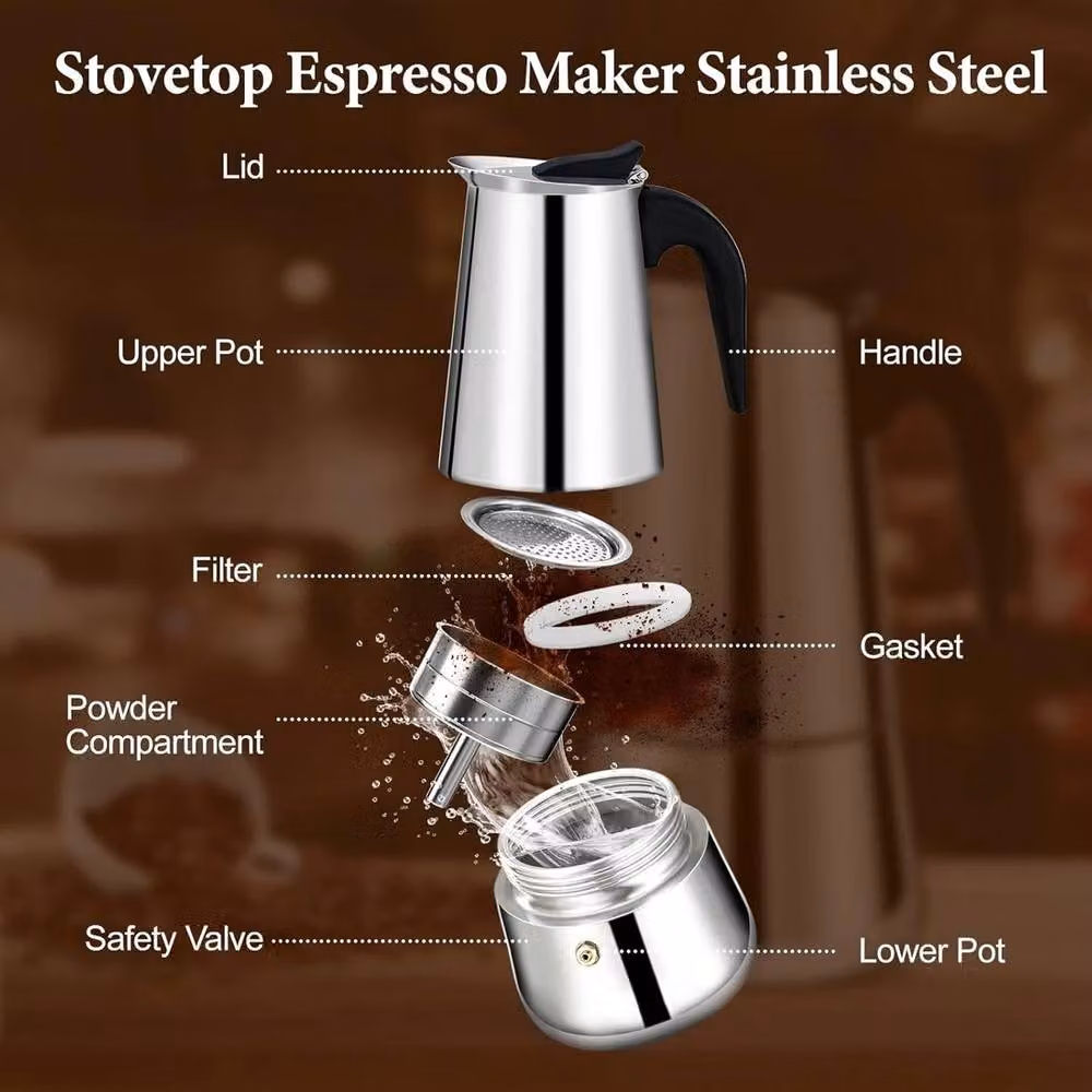 NESTLUNE Stainless Steel Moka Pot Stovetop Espresso Maker, Silver, 450ml – 2