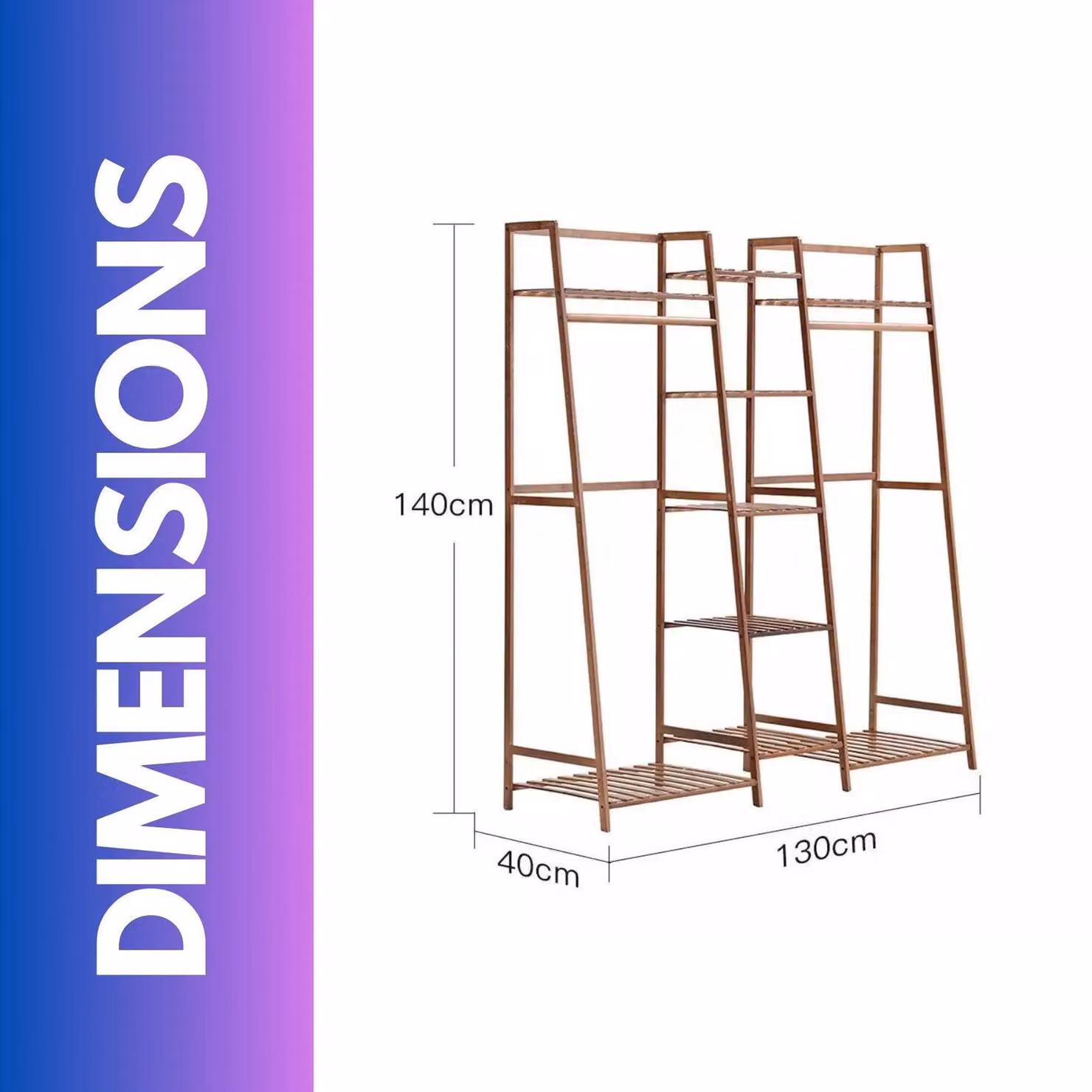 FURNOS Large Bamboo Open Wardrobe Garment Rail with Storage Shelves in Natural Brown – 2