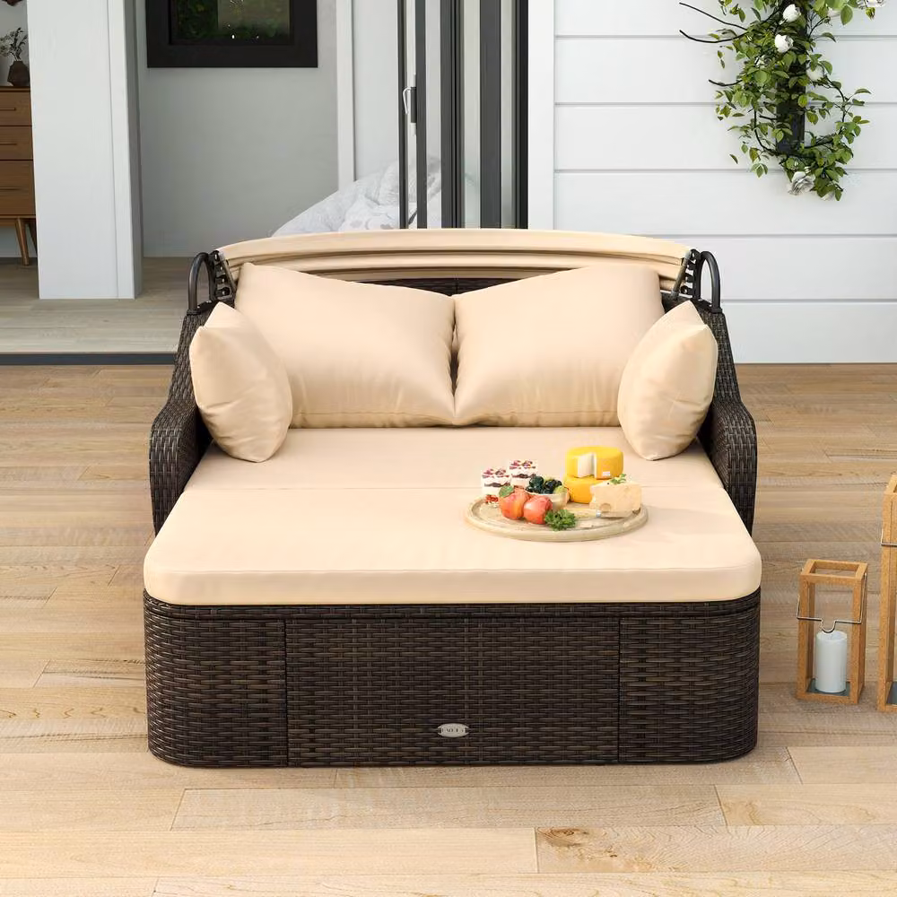 Costway Modern PE Rattan Patio Daybed with Retractable Canopy in Beige – 5