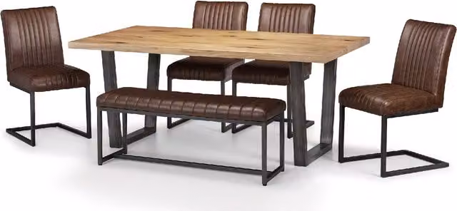 Julian Bowen Brooklyn Oak Industrial Dining Set with Rectangular Table, Upholstered Bench and 4 Chairs in Brown