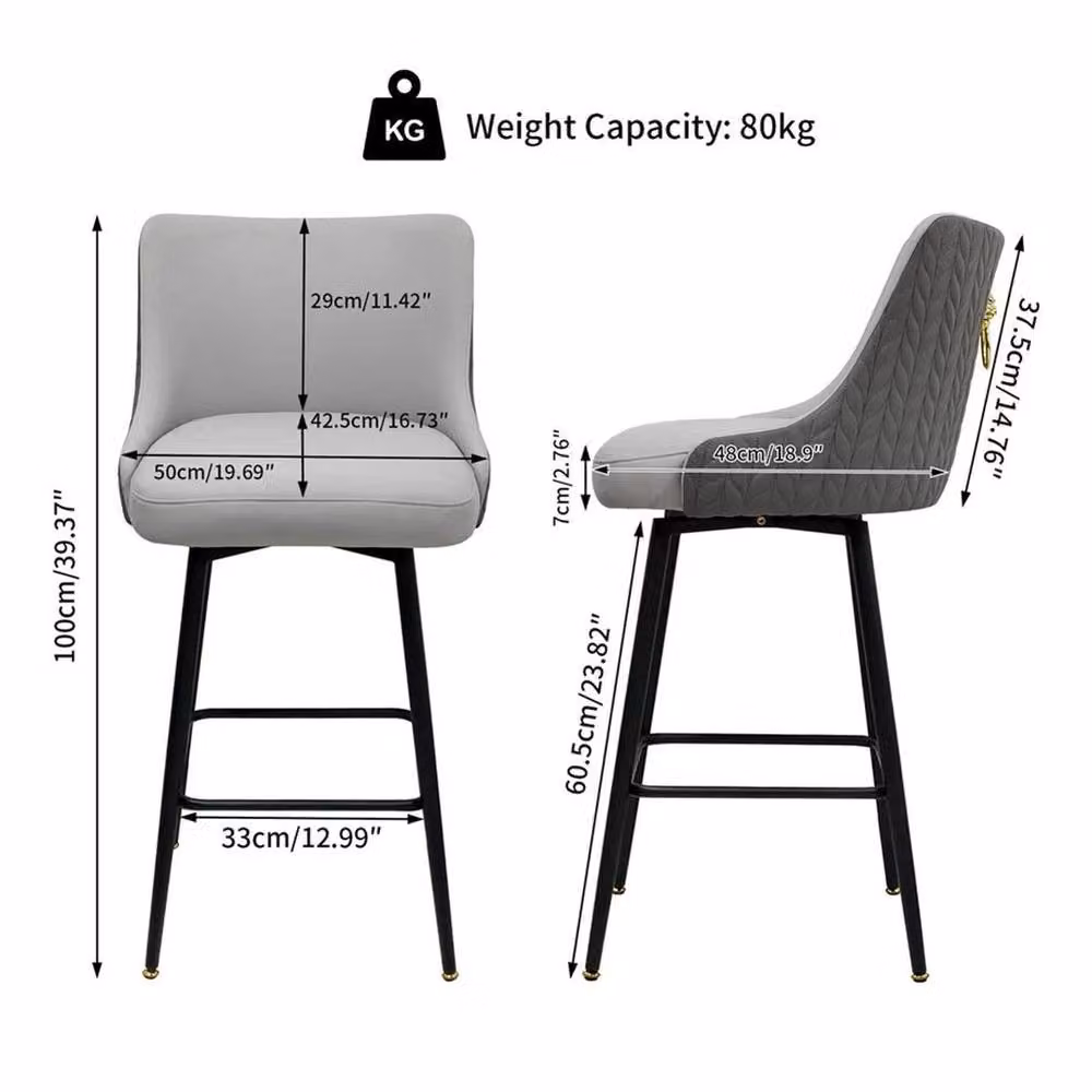 KORVIXA 360 Degree Rotating Breakfast Bar Stools with High Tufted Back and Lion Knocker in Grey, W/D/H: 100 x 100 x 66.04 cm – 2