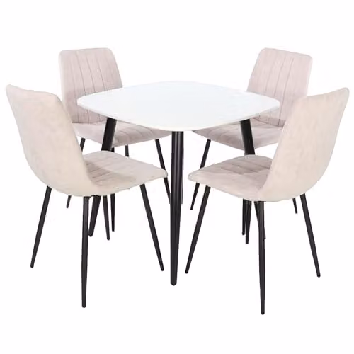 Core Products Aspen Casual Dining Set with Square White Wood Table and Four Upholstered Chairs in Natural and Black – 2