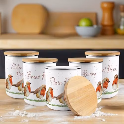 Purely Home Floral Enamel Canister with Bamboo Lid in Brown and White, H: 19.0 cm, W: 16.5 cm, D: 16.5 cm – 2