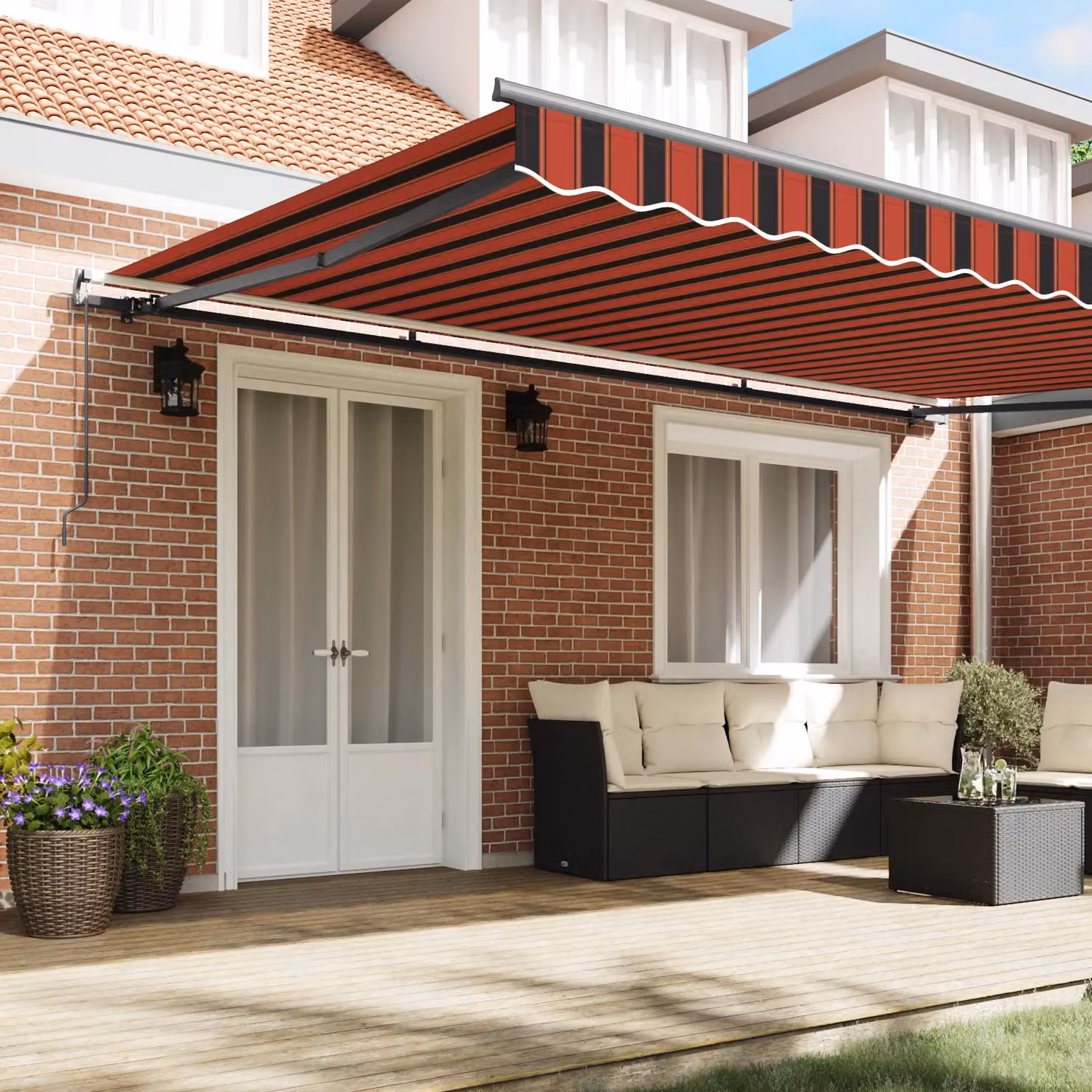 Berkfield Home Manual Retractable Wall-Mounted Folding Arm Awning with Acrylic Fabric in Orange and Brown, W: 500 cm, D: 300 cm – 3