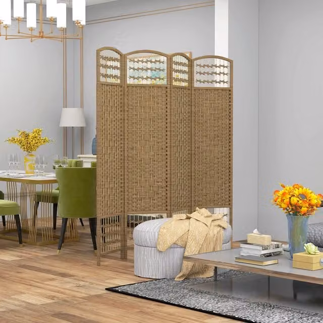 HOMCOM 4 Panel Folding Room Divider in Brown Bamboo and Pine Wood with Rattan Design