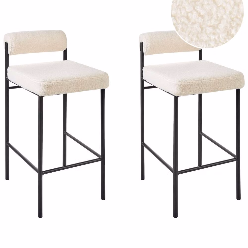 Wyld and Coco Set of 2 Armless Bar Chairs with White Boucle Upholstery and Black Metal Legs – 2