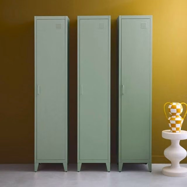 sweeek Set of 3 Metal Bedroom Storage Cabinets with Hinged Doors in Light Green, H 180 x W 38 x D 38 cm