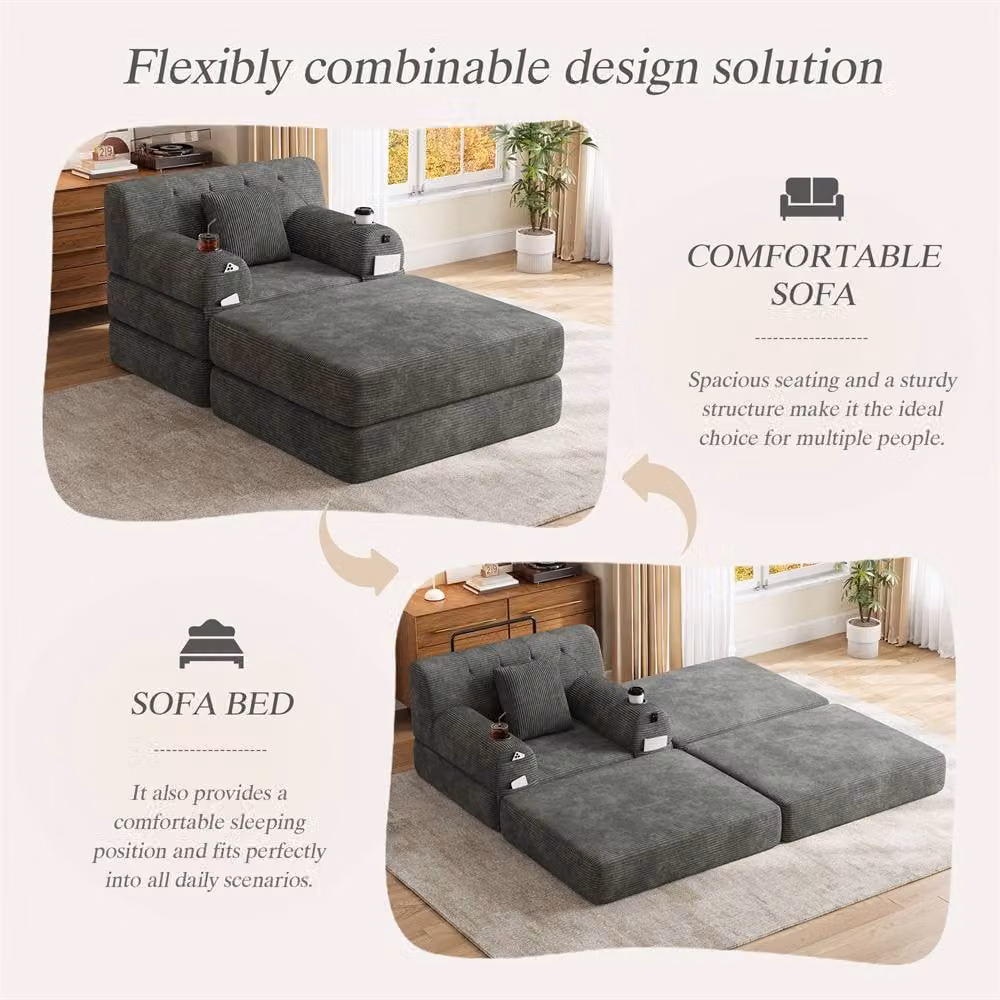 Direct Wicker Cord Convertible Sleeper Chair with Ottoman, Cup Holders and Side Pocket in Dark Grey – 3