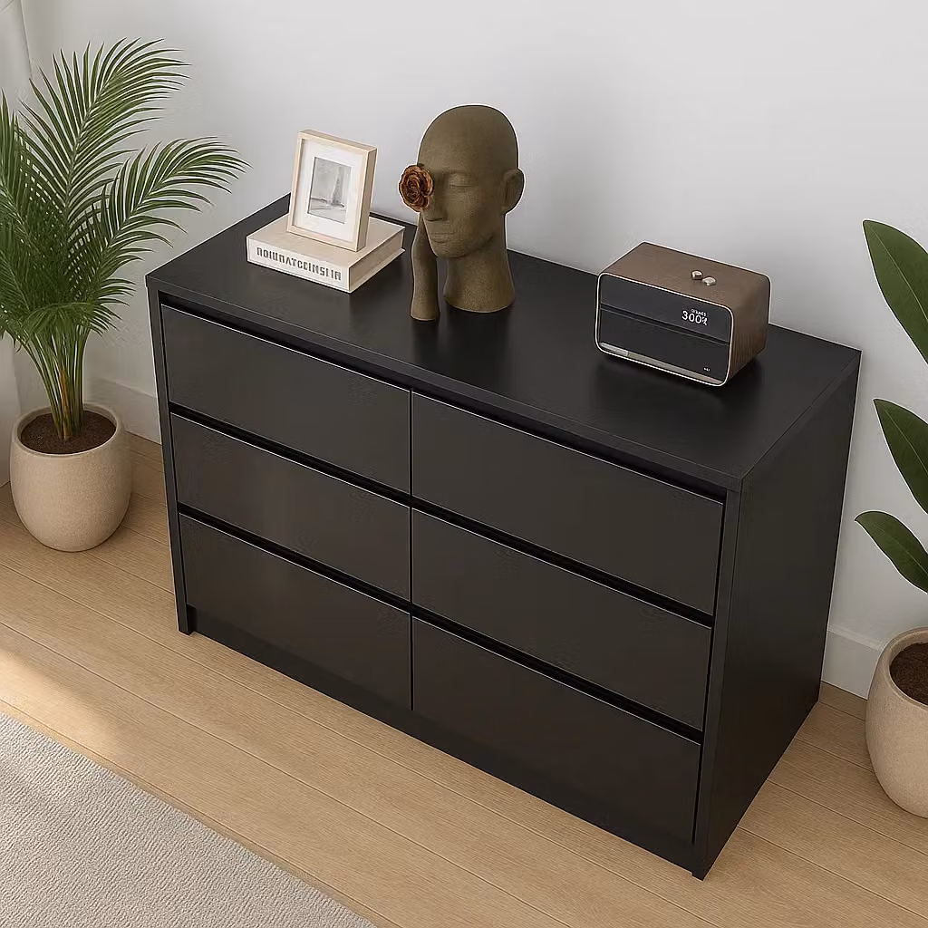 Harmin High Gloss Handleless 6 Drawer Chest of Drawers in Black, W/D/H: 120 x 40 x 75 cm – 6