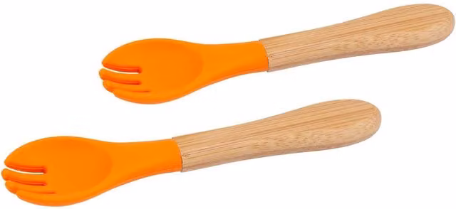 Tiny Dining 2x Bamboo and Silicone Soft Tip Feeding Forks for Babies and Toddlers, Orange