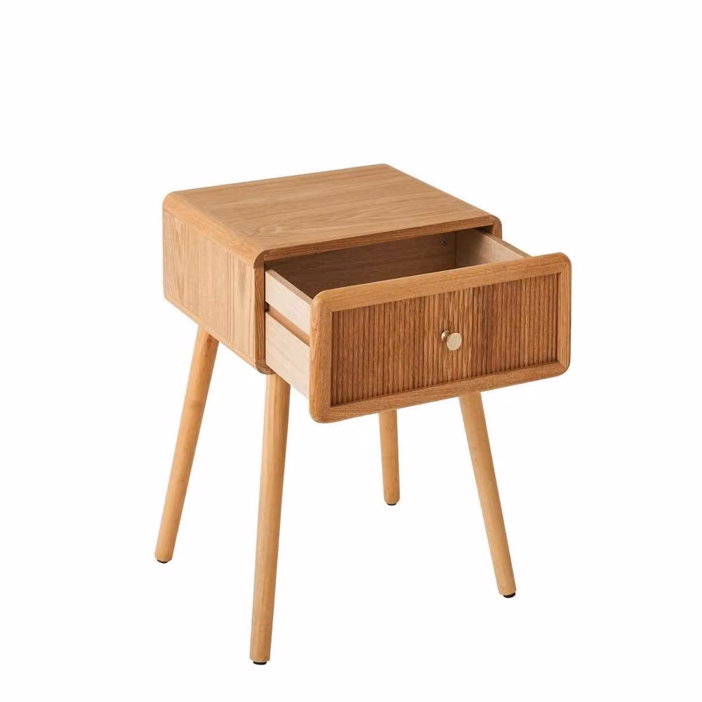 CALICOSY AVA Bedside Table with 1 Drawer and Slatted Fronts in Light Brown, H 58 cm x W 42 cm x D 35 cm – 3