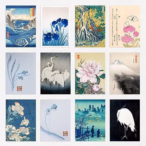 Artery8 50 Piece Japanese Aesthetic Ukiyo-e Woodblock Wall Art Collage Kit, Multicolour Paper Poster Collection, W: 14.8 cm, H: 10.5 cm – 5