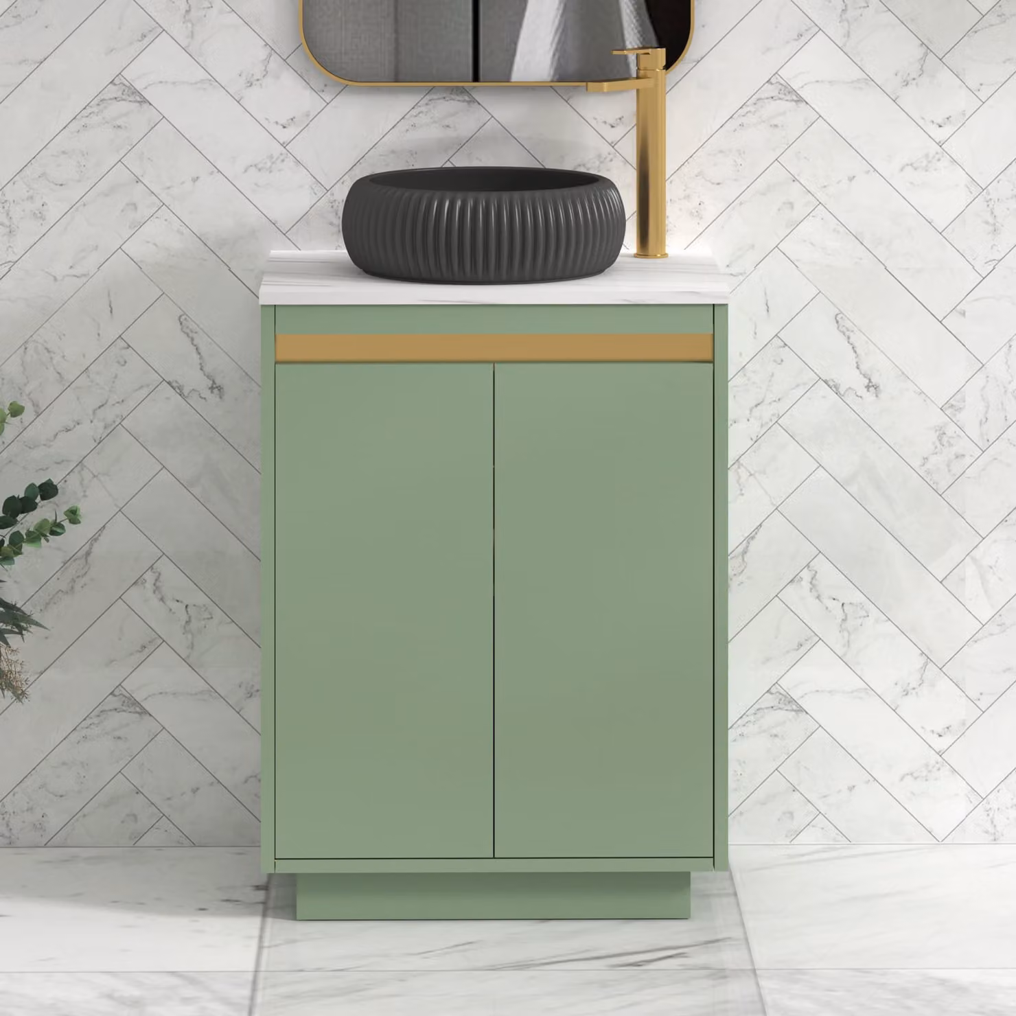 Royal Bathrooms Orion 600mm Mint Sage Floor Standing 2 Door Vanity Unit with Milan Black Basin and Brushed Brass Accent Trim