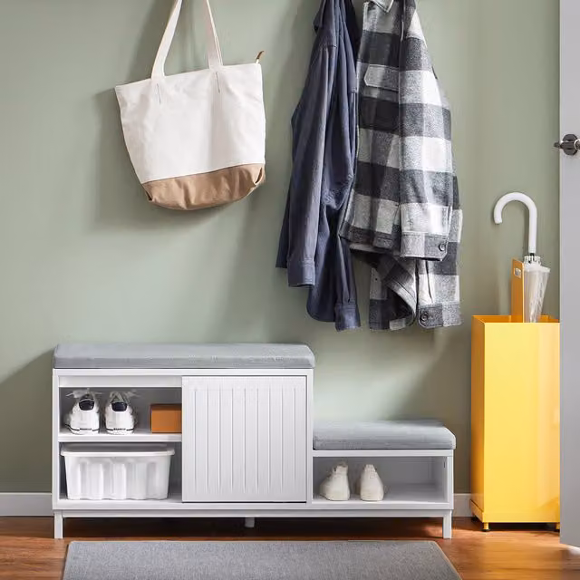 SoBuy Modern White Hallway Shoe Bench with 2 Fabric Seats and Shoe Rack