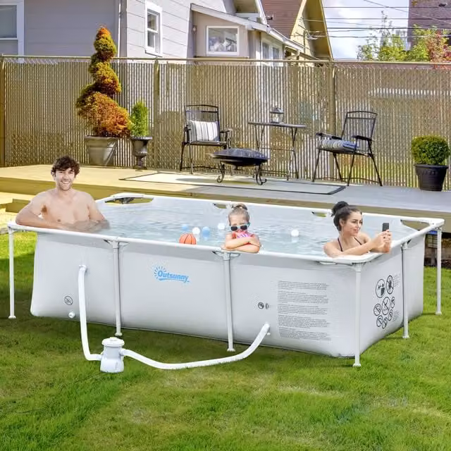 Outsunny Rectangular Steel Frame Swimming Pool in Grey
