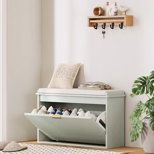 HOMCOM Green Shoe Storage Bench with Metal Frame and Matt Finish