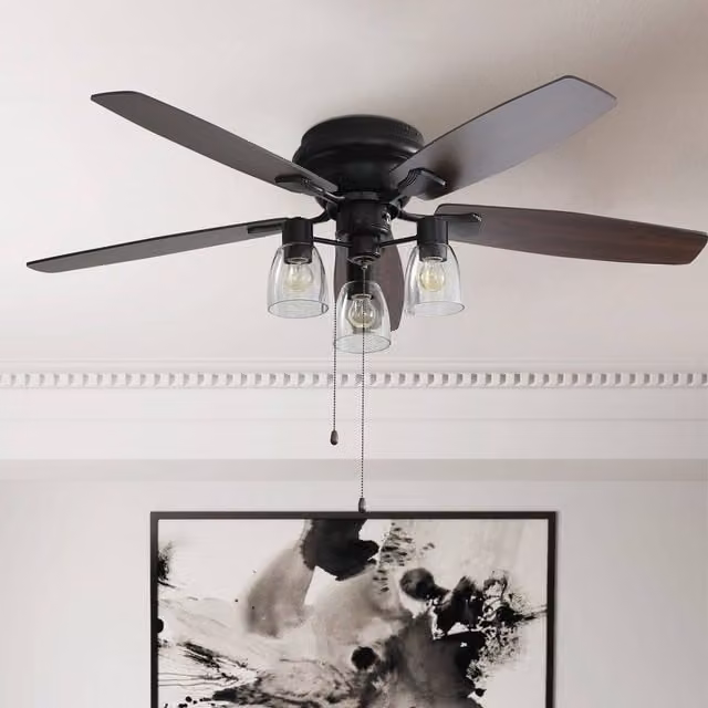 Livingandhome Modern 5-Blade Ceiling Fan Light with Transparent Glass Cylinder Shade and Pull Chain, Brown