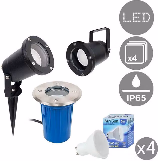 ValueLights Berwick Set of 4 Silver Stainless Steel Outdoor Garden Lights with 5W LED Bulbs, IP65 Rated – 1